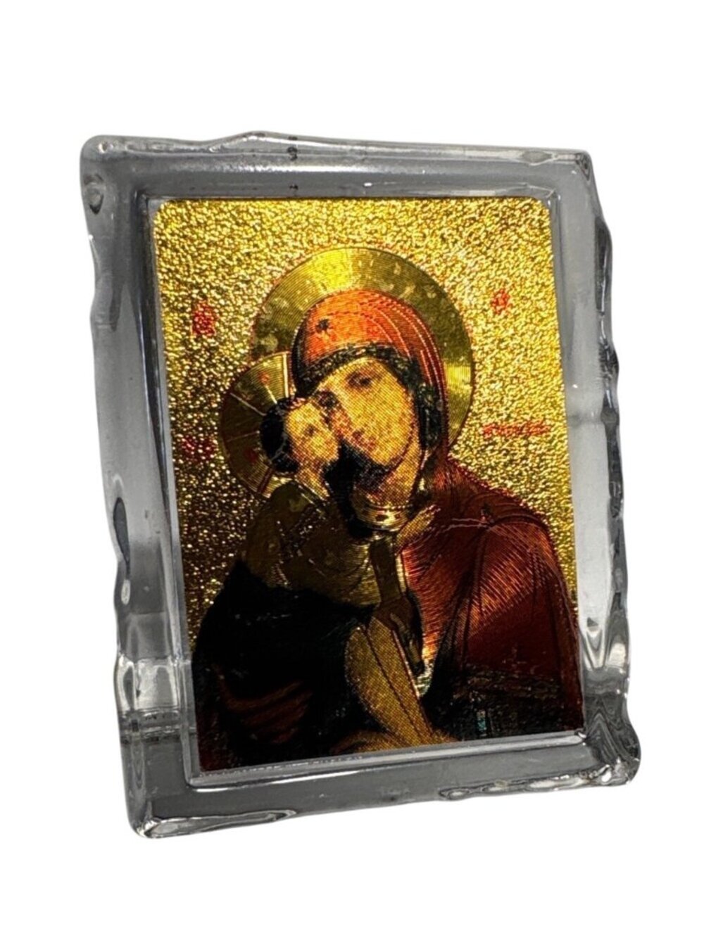 Virgin Mary & Baby Jesus Small Glass Block Religious Icon With Gold Tone 2.25"